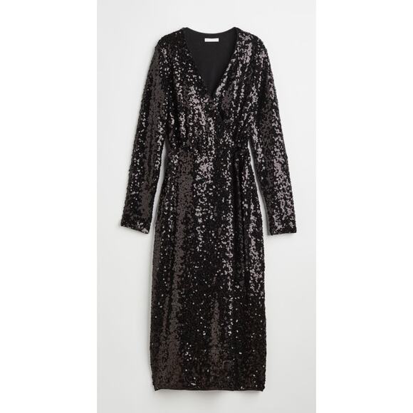 H&M Full Sequined Long Sleeve Midi Wrap Dress‎ Size XS - Picture 1 of 10